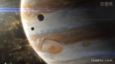 随着木星的风暴和大气的变化，两个卫星从木星前面经过